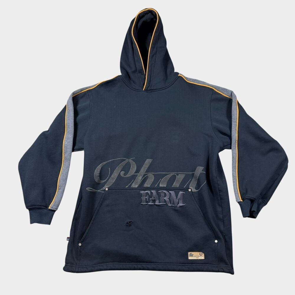 Vintage Phat Farm Hoodie Y2K Hip Hop Black Embroidered Spellout Mens XL Oversize